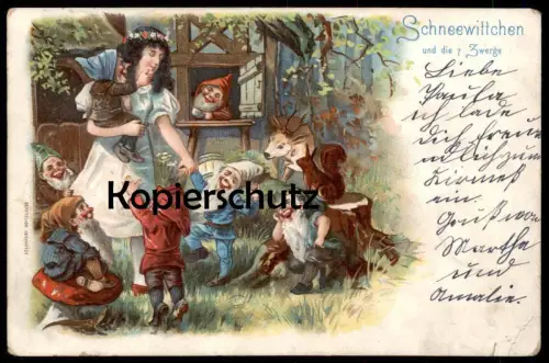 ALTE LITHO POSTKARTE SCHNEEWITTCHEN UND DIE SIEBEN ZWERGE Märchen fairy tall snow white blanche-neige nains dwarfs Reh 7