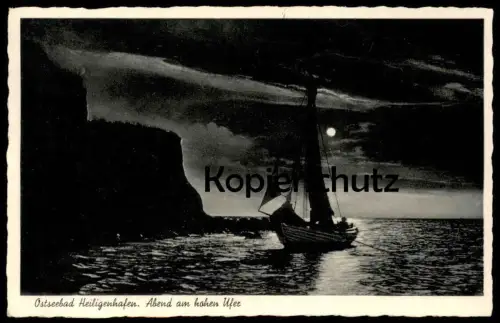 ALTE POSTKARTE OSTSEEBAD HEILIGENHAFEN ABEND AM HOHEN UFER Mond Strand Klippe Boot moon postcard AK cpa Ansichtskarte