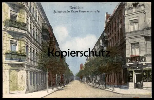 ALTE POSTKARTE BERLIN NEUKÖLLN JULIUSSTRASSE ECKE HERMANNSTRASSE ECKKNEIPE Berliner Kindl postcard Ansichtskarte AK cpa