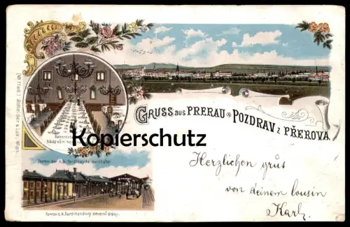 ALTE LITHO POSTKARTE GRUSS AUS PRERAU POZDRAV Z PREROVA BAHNHOF NORDBAHN BAHNRESTAURATION gare station AK cpa postcard