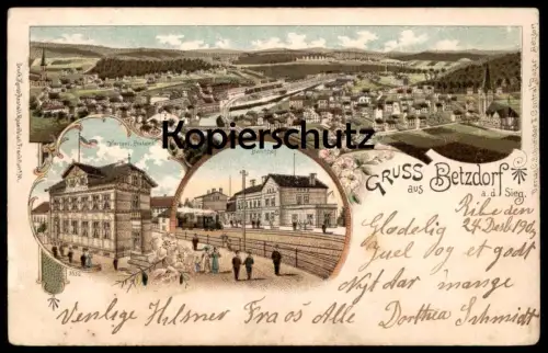 ALTE LITHO POSTKARTE GRUSS AUS BETZDORF AN DER SIEG BAHNHOF DAMPFLOK KAISERLICHES POSTAMT gare station cpa postcard AK