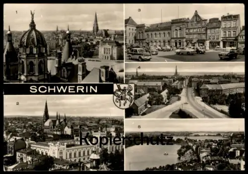 ÄLTERE POSTKARTE SCHWERIN BLICK VOM SCHLOSSTURM BLICK VOM DOM ALTES RATHAUS BLICK VOM HOCHHAUS Trabant postcard cpa AK