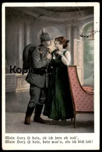 ALTE POSTKARTE SOLDAT MEIN HERZ IST DEIN OB ICH FERN OB NAH LIEBE heart coeur soldier couple postcard cpa Ansichtskarte