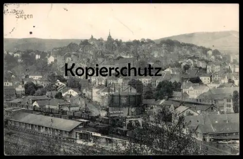 ALTE POSTKARTE SIEGEN PANORAMA BAHNHOF GÜTERWAGGONS GÜTERBAHNHOF WAGGONS Koche mit Gas gare station train railway cpa AK