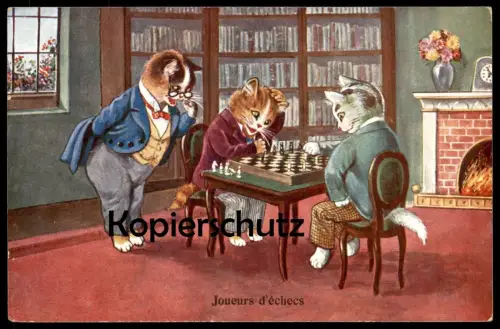 ALTE POSTKARTE JOUEURS D'ÉCHECS KATZEN SPIELEN SCHACH CATS PLAYING CHESS Katze cat chat chats cpa postcard