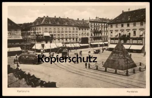 ALTE POSTKARTE KARLSRUHE MARKTPLATZ ADOLF STEIN CARL SCHOPF CAFÉ CENTRAL STEMPEL VERWUNDETENHEIM STADTGARTEN postcard AK