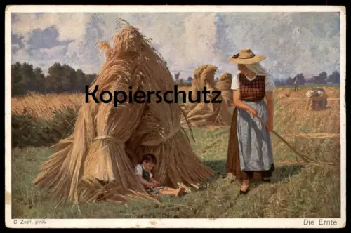 ALTE KÜNSTLER POSTKARTE DIE ERNTE C. ZOPF HEU GETREIDE Mädchen Kind harvest crop récolte Bauer farmer postcard AK cpa
