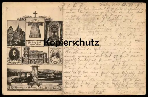 ALTE VORLÄUFER POSTKARTE TRIER 1892 ERINNERUNG AN DIE AUSSTELLUNG HEILIGER ROCK LEO XIII. KORUM postcard Ansichtskarte