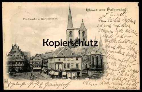 ALTE POSTKARTE GRUSS AUS HALBERSTADT 1900 FISCHMARKT UND MARTINIKIRCHE GESCHÄFT EMIL BRAND postcard AK Ansichtskarte cpa