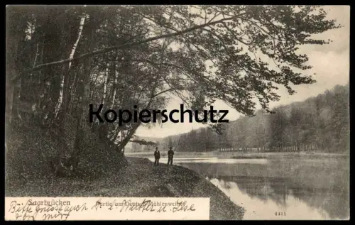 ALTE POSTKARTE SAARBRÜCKEN PARTIE AM DEUTSCH-MÜHLENWEIHER Weiher See cpa postcard Ansichtskarte AK