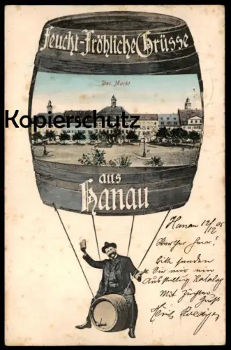 ALTE POSTKARTE FEUCHT-FRÖHLICHE GRÜSSE AUS HANAU DER MARKT Humor humour photo montage surrealisme Bier beer cpa postcard