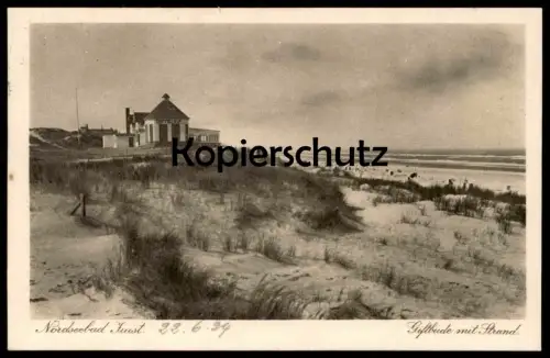 ALTE POSTKARTE NORDSEEBAD JUIST GIFTBUDE mit STRAND STRANDKORB beach chair Ansichtskarte postcard AK cpa