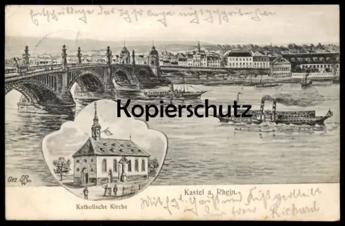 ALTE LITHO POSTKARTE KASTEL AM RHEIN KATHOLISCHE KIRCHE MAINZ DAMPFER SCHIFF PANORAMA Ansichtskarte cpa postcard AK