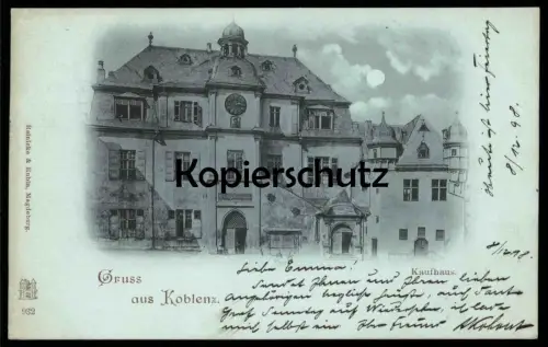 ALTE POSTKARTE GRUSS AUS KOBLENZ KAUFHAUS 1898 bei Nacht Mondschein night nuit Coblenz Ansichtskarte cpa postcard AK