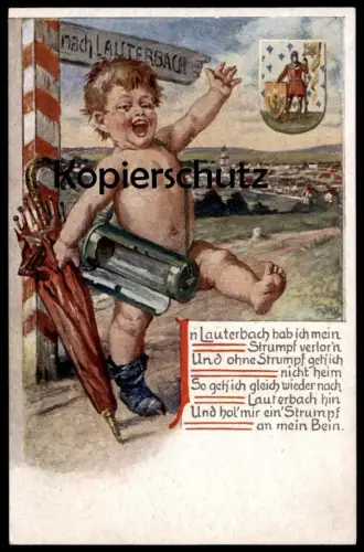 ALTE LITHO POSTKARTE NACH LAUTERBACH STRUMPF VERLOREN KIND Regenschirm umbrella parapluie cpa AK Ansichtskarte postcard