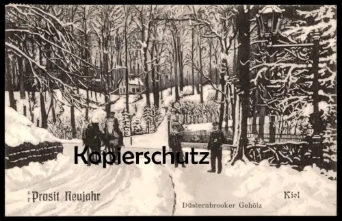 ALTE POSTKARTE KIEL 1908 PROSIT NEUJAHR DÜSTERNBROOKER GEHÖLZ Düsternbrook Winter Schnee snow Uniform Pferde postcard AK