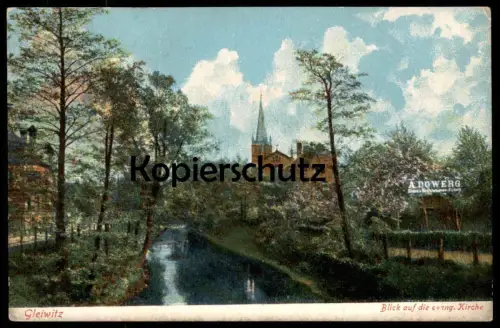 ALTE POSTKARTE GLEIWITZ BLICK AUF DIE EVANGELISCHE KIRCHE REKLAME A. DOWERG EISEN FABRIK Gliwice Schlesien Polska Poland