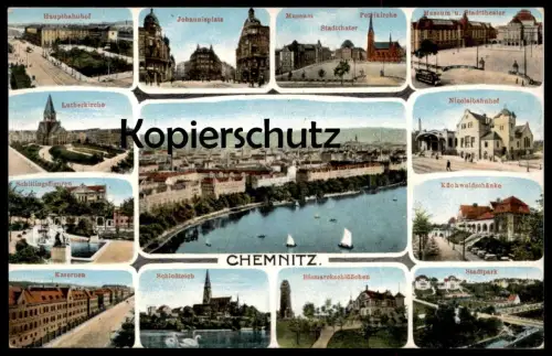 ALTE POSTKARTE CHEMNITZ KASERNEN MUSEUM STADTTHEATER SCHILLINGSFIGUREN BAHNHOF KIRCHE Ansichtskarte cpa postcard AK