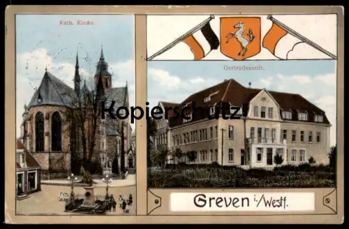 ALTE JUGENDSTIL POSTKARTE GREVEN GERTRUDENSTIFT KATHOLISCHE KIRCHE WAPPEN FLAGGEN Ansichtskarte AK cpa postcard