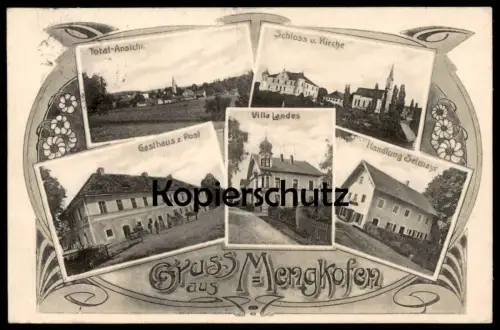 ALTE POSTKARTE GRUSS AUS MENGKOFEN GASTHAUS ZUR POST VILLA LANDES HANDLUNG SELMAYR TOTAL-ANSICHT SCHLOSS UND KIRCHE