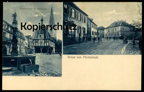 ALTE POSTKARTE GRUSS AUS MICHELSTADT MARKTPLATZ MIT RATHAUS F. RAMANN BUCHHANDLUNG MUSIKALIEN postcard Ansichtskarte cpa
