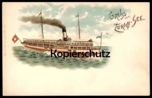 ALTE LITHO POSTKARTE GRUSS VOM ZÜRICH-SEE DAMPFER DAMPFSCHIFFAHRT ZÜRICHSEE boat Schiff Zürich-See Ansichtskarte Künzli