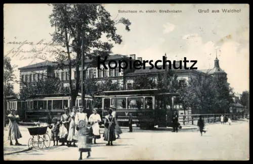 ALTE POSTKARTE GRUSS AUS WALDHOF SCHULHAUS MIT ELEKTRISCHER STRASSENBAHN MANNHEIM tram tramway Ansichtskarte postcard AK