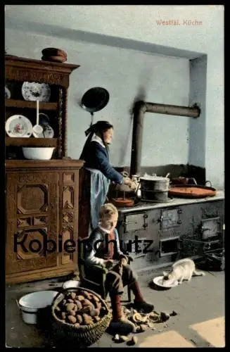 ALTE POSTKARTE WESTFÄLISCHE KÜCHE TRACHT KARTOFFEL SCHÄLEN OFEN KATZE BAUER WESTFALEN kitchen cpa Ansichtskarte postcard