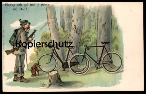 ALTE POSTKARTE JÄGER ERWISCHT LIEBESPAAR ALL HEIL RAD DACKEL JAGD DACHSHUND HUMOR hunter hunting teckel postcard AK cpa