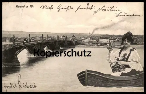 ALTE POSTKARTE MAINZ KASTEL AM RHEIN WEINKÖNIGIN AUF BOOT FRAU Rheinwein Ansichtskarte cpa postcard AK