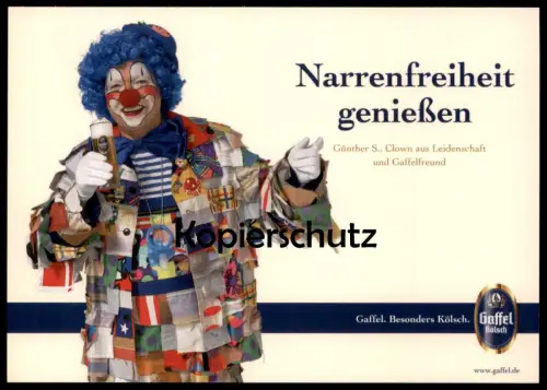 POSTKARTE NARRENFREIHEIT GENIESSEN CLOWN KÖLN GAFFEL KÖLSCH KARNEVAL CARNEVAL ALKOHOL DRUNKEN beer alcohol bière alcool