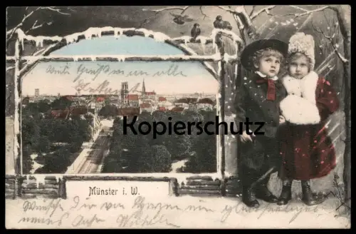 ALTE JUGENDSTIL POSTKARTE MÜNSTER I. W. KINDER PAAR IM SCHNE children couple enfants Ansichtskarte cpa postcard AK