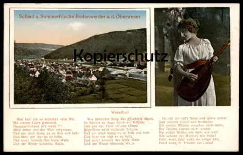 ALTE POSTKARTE SOMMERFRISCHE BODENWERDER OBERWESER WESERLIED FRAU MIT LAUTE woman Weser Ansichtskarte postcard cpa
