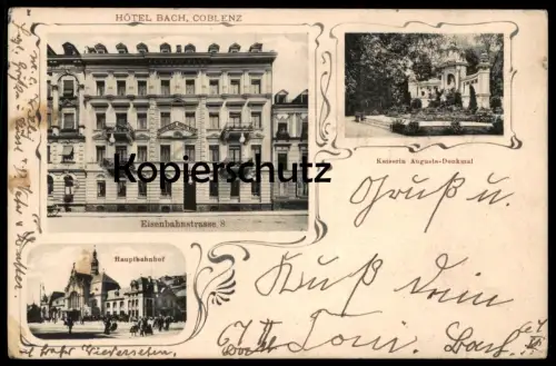 ALTE POSTKARTE COBLENZ HOTEL BACH EISENBAHNSTRASSE 8 KOBLENZ HAUPTBAHNHOF 1917 Bahnhof gare Ansichtskarte postcard cpa