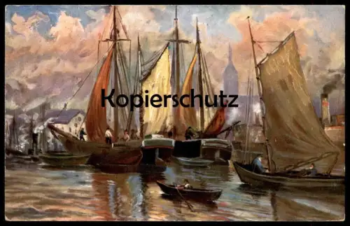 ALTE MARITIME KÜNSTLER POSTKARTE SEGELSCHIFFE IM HAFEN Schiffe sailing ship bateau port harbour Ansichtskarte postcard