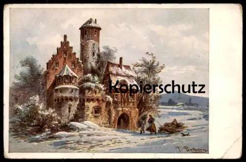ALTE POSTKARTE FRIEDRICH PERLBERG SERIEN No. 5 No. 3453 HAUS BURG FRAU WINTER SCHLITTEN luge sleigh Hund Ansichtskarte