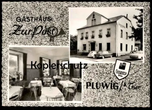 ALTE POSTKARTE GASTHAUS ZUR POST PLUWIG BEI TRIER BESITZER W. KLOMANN CASPARY BIER VW KÄFER postcard Ruwer Waldrach
