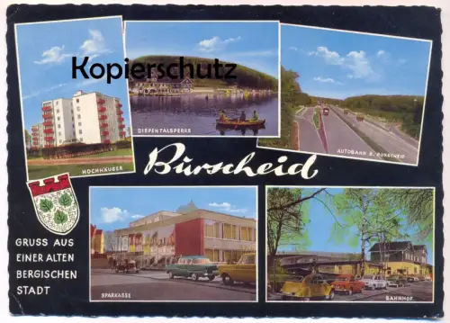 ÄLTERE POSTKARTE BURSCHEID GRUSS AUS EINER ALTEN BERGISCHEN STADT AUTOBAHN BAB SPARKASSE BAHNHOF motorway postcard cpa
