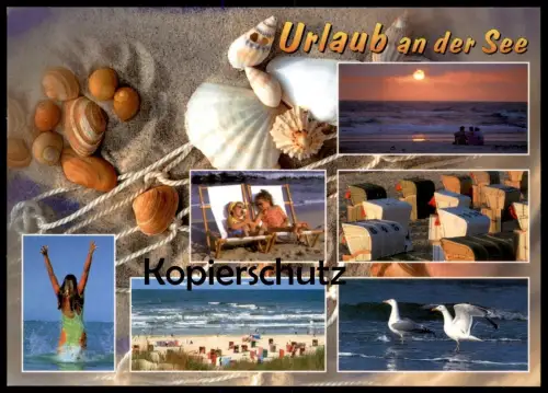 POSTKARTE URLAUB AN DER SEE KINDER MEER MUSCHEL COQUILLAGE DE MER Möwe Strandkorb shell postcard Ansichtskarte cpa AK