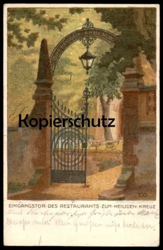 ALTE KÜNSTLER POSTKARTE DARMSTADT EINGANGSTOR DES RESTAURANTS ZUM HEILIGEN KREUZ SIGN. T. G. VERL. HOHMANN Ansichtskarte