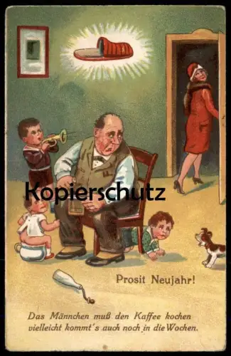 ALTE POSTKARTE PROSIT NEUJAHR PANTOFFELHELD MIT KAFFEEMÜHLE NACHTTOPF ROLLENKLISCHEE pot de chambre humour postcard cpa