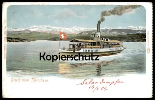ALTE LITHO POSTKARTE GRUSS VOM ZÜRICHSEE DAMPFER DAMPFSCHIFFAHRT ZÜRICH-SEE boat Schiff Zürich-See Ansichtskarte