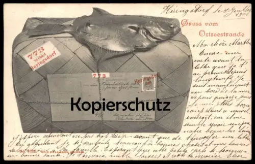 ALTE POSTKARTE HERINGSDORF SCHOLLE KOFFER GRUSS VOM OSTSEESTRANDE USEDOM Ostseestrand AK Ansichtskarte cpa postcard