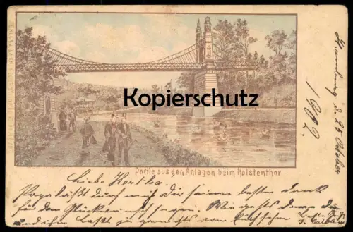 ALTE KÜNSTLER LITHO POSTKARTE HAMBURG PARTIE AUS DEN ANLAGEN BEIM HOLSTENTHOR Holstentor Ansichtskarte AK postcard photo