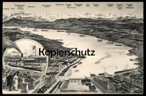 ALTE LITHO POSTKARTE DAMPFSCHIFFAHRT AUF DEM ZÜRICH-SEE Dampfer Helvetia boat Schiff Zürichsee Ansichtskarte AK postcard