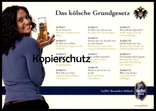 POSTKARTE DAS KÖLSCHE GRUNDGESETZ KÖLN GAFFEL KÖLSCH ALKOHOL DRUNKEN beer alcohol bière alcool Ansichtskarte postcard AK
