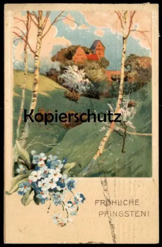 ALTE PRÄGE POSTKARTE FRÖHLICHE PFINGSTEN LANDSCHAFT TAL ORT HAUS BIRKE gauffrée cpa AK postcard Ansichtskarte