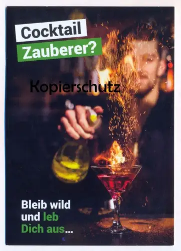 POSTKARTE COCKTAIL ZAUBERER BLEIB WILD UND LEB DICH AUS ALKOHOL DEHOGA Barkeeper alcohol magician wizard alcool postcard