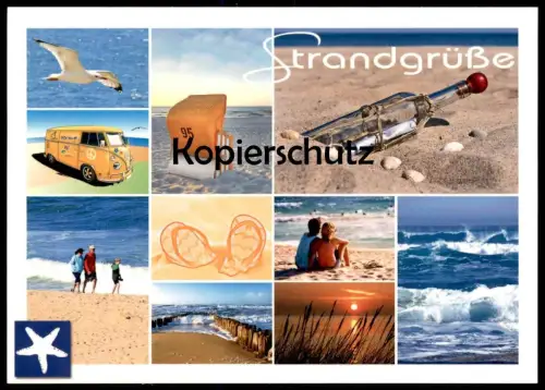 POSTKARTE STRANDGRÜSSE FLASCHENPOST MEER VW Bus message in a drift bottle bouteillie à la mer Ansichtskarte cpa postcard