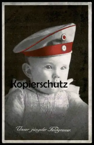 ALTE POSTKARTE UNSER JÜNGSTER FELDGRAUER SOLDAT BABY KIND JUNGE boy garcon enfant PATRIOTIKA Patriotismus Ansichtskarte